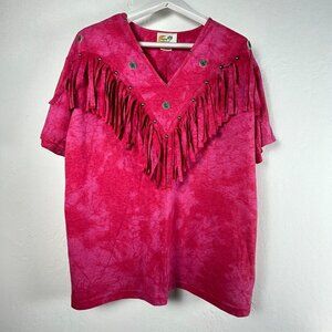 Copa Cabana Womens Pink V-Neck Fringe Embellished Short Sleeves Blouse Top